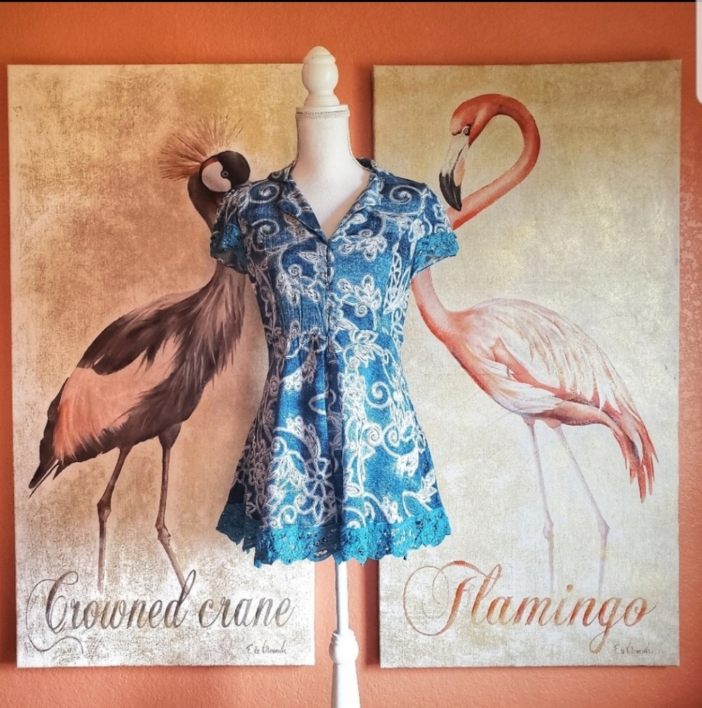 Jaase Romper Lace Trim Button Up Blue Teal Freedom Shorts Medium